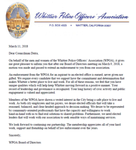 Whittier Police Officer's Association Endorsement