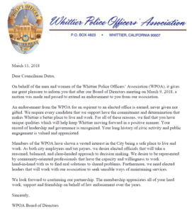 Whittier Police Officers Association Endorsement